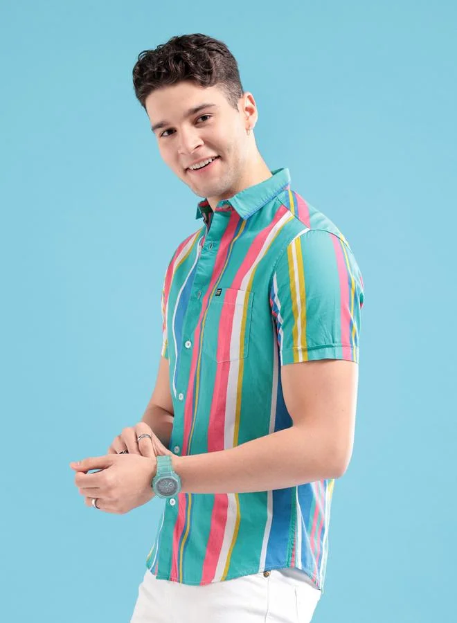 The Indian Garage Co Men Multi-Colored Striped Short Sleeve Shirt