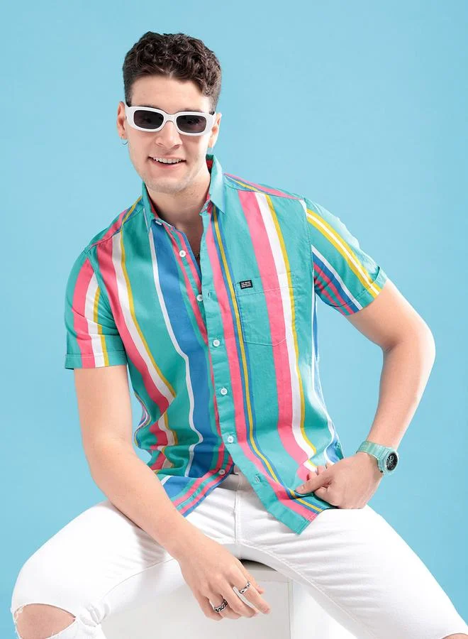 The Indian Garage Co Men Multi-Colored Striped Short Sleeve Shirt