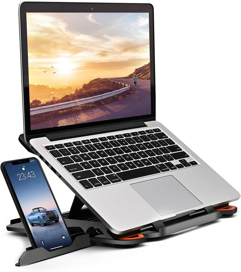 KASTWAVE Adjustable Laptop Stand with Phone Holder & 360° Rotating Base - Foldable Portable Ergonomic Riser for Laptops - Image 1