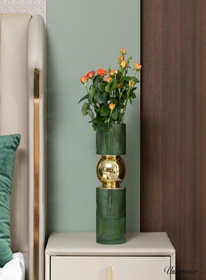 يونيك وايز مزهرية زجاجية خضراء طويلة مزخرفة بارتفاع 14 بوصة - ديكور عصري بسيط للحفلات والمناسبات الخاصة - قطعة مركزية مثالية لطاولات القهوة وغرف المعيشة وطاولات الطعام والمكاتب وديكور المنزل الريفي - Image 2