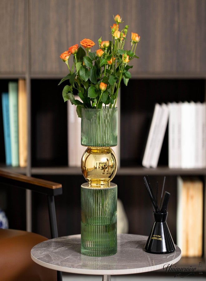 يونيك وايز مزهرية زجاجية خضراء طويلة مزخرفة بارتفاع 14 بوصة - ديكور عصري بسيط للحفلات والمناسبات الخاصة - قطعة مركزية مثالية لطاولات القهوة وغرف المعيشة وطاولات الطعام والمكاتب وديكور المنزل الريفي - Image 4