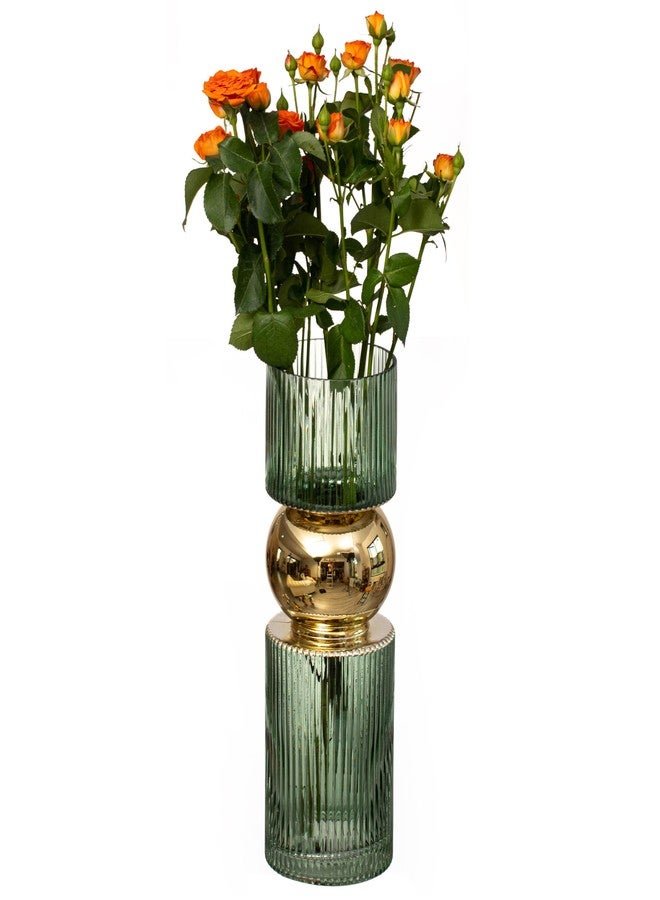 يونيك وايز مزهرية زجاجية خضراء طويلة مزخرفة بارتفاع 14 بوصة - ديكور عصري بسيط للحفلات والمناسبات الخاصة - قطعة مركزية مثالية لطاولات القهوة وغرف المعيشة وطاولات الطعام والمكاتب وديكور المنزل الريفي - Image 1