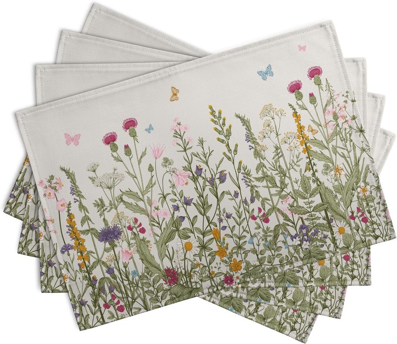Wnoesat Rustic Wildflower Floral Placemats Set of 4 Spring Summer Vintage Flowers Plants Herbs Linen Table Mats 12x18 Inch Seasonal Flower Decorative Place mats for Farmhouse Kitchen Dining Decoration - Image 2