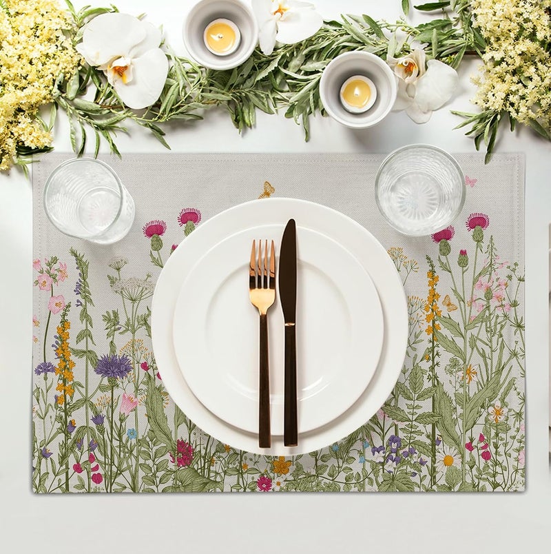 Wnoesat Rustic Wildflower Floral Placemats Set of 4 Spring Summer Vintage Flowers Plants Herbs Linen Table Mats 12x18 Inch Seasonal Flower Decorative Place mats for Farmhouse Kitchen Dining Decoration - Image 3