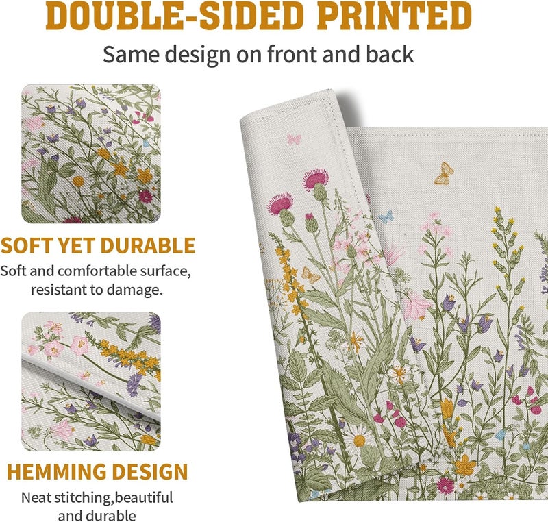 Wnoesat Rustic Wildflower Floral Placemats Set of 4 Spring Summer Vintage Flowers Plants Herbs Linen Table Mats 12x18 Inch Seasonal Flower Decorative Place mats for Farmhouse Kitchen Dining Decoration - Image 5
