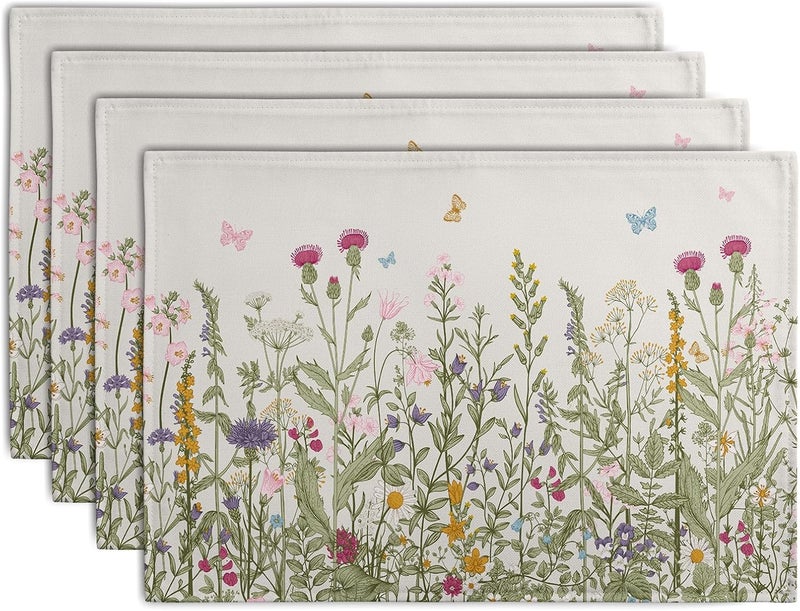 Wnoesat Rustic Wildflower Floral Placemats Set of 4 Spring Summer Vintage Flowers Plants Herbs Linen Table Mats 12x18 Inch Seasonal Flower Decorative Place mats for Farmhouse Kitchen Dining Decoration - Image 1