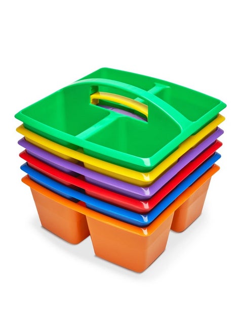 Really Good Stuff - 163999 Four-Equal-Compartment Caddies, Set of 6, Assorted Colors - Plastic Caddy Organizers with Built-in Handles and Stackable Design, Classroom Storage Made Easy