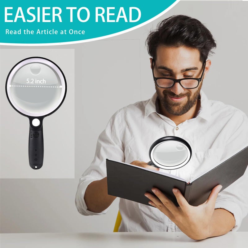 GABORISH Large Magnifying Glass with 37 LED Light and Case, 10X 20X 45X Handheld Illuminated Lighted Magnifier with 3 Light Modes Rechargeable Magnifying Glass for Seniors Reading, Inspection (White & Black) - Image 2
