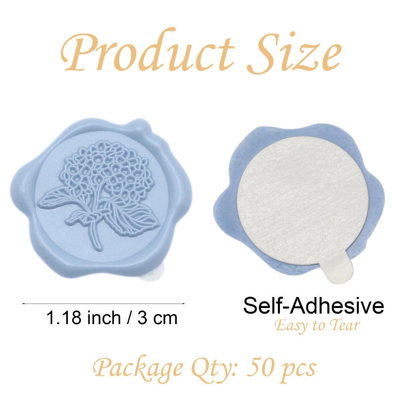 Andotopee 50pcs Hydrangea Wax Seal Stickers, Andotopee Floral Botanical Envelope Seal Stickers, Self-Adhesive Dusty Blue Stickers Pre-Made from Real Sealing Wax, Great for Wedding Invitation, Gift Wrapping - Image 3