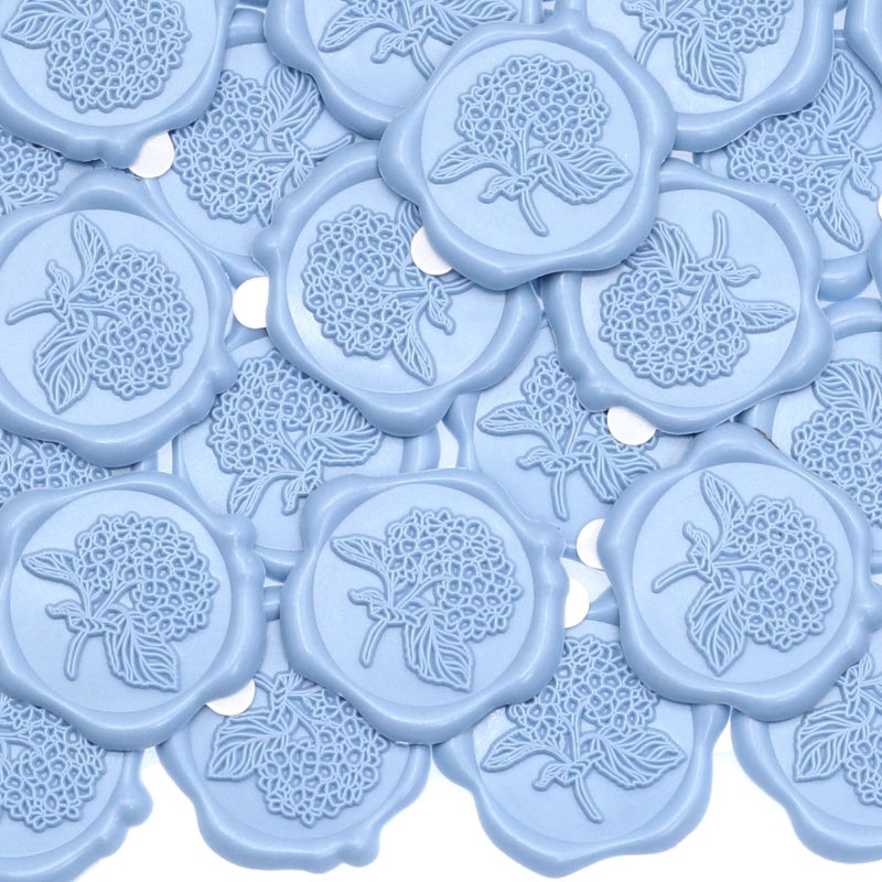 Andotopee 50pcs Hydrangea Wax Seal Stickers, Andotopee Floral Botanical Envelope Seal Stickers, Self-Adhesive Dusty Blue Stickers Pre-Made from Real Sealing Wax, Great for Wedding Invitation, Gift Wrapping - Image 1