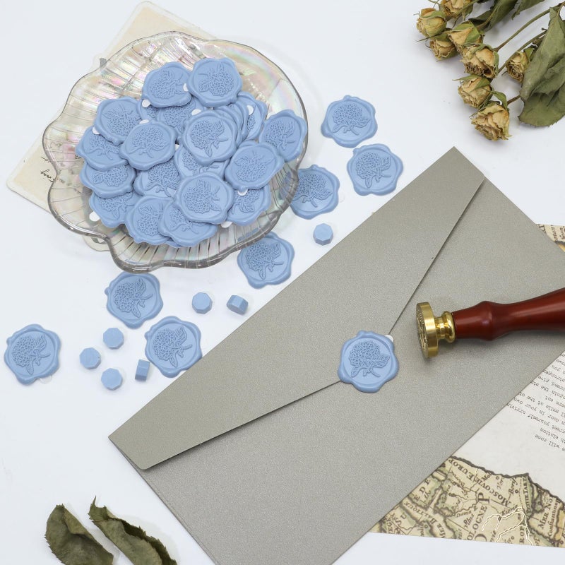 Andotopee 50pcs Hydrangea Wax Seal Stickers, Andotopee Floral Botanical Envelope Seal Stickers, Self-Adhesive Dusty Blue Stickers Pre-Made from Real Sealing Wax, Great for Wedding Invitation, Gift Wrapping - Image 5