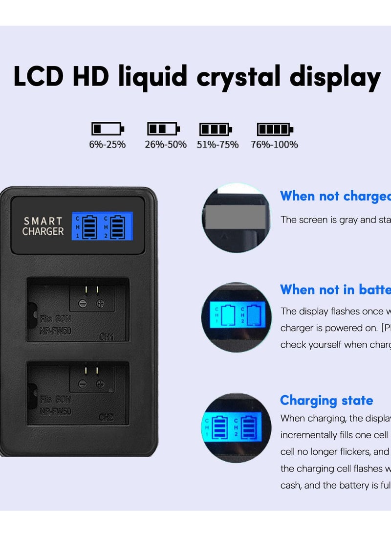 AZorb NP-FW50 Camera Battery Charger, LCD Dual Charger Compatible with Sony Alpha A6000, A6400, A6100, A6300, A6500, A5100, A7, A7 II, A7R, A7R II, A7R2, A7S, A7S II, A7S2, A5000, A3000, RX10, NEX-3/5/7  - Image 3