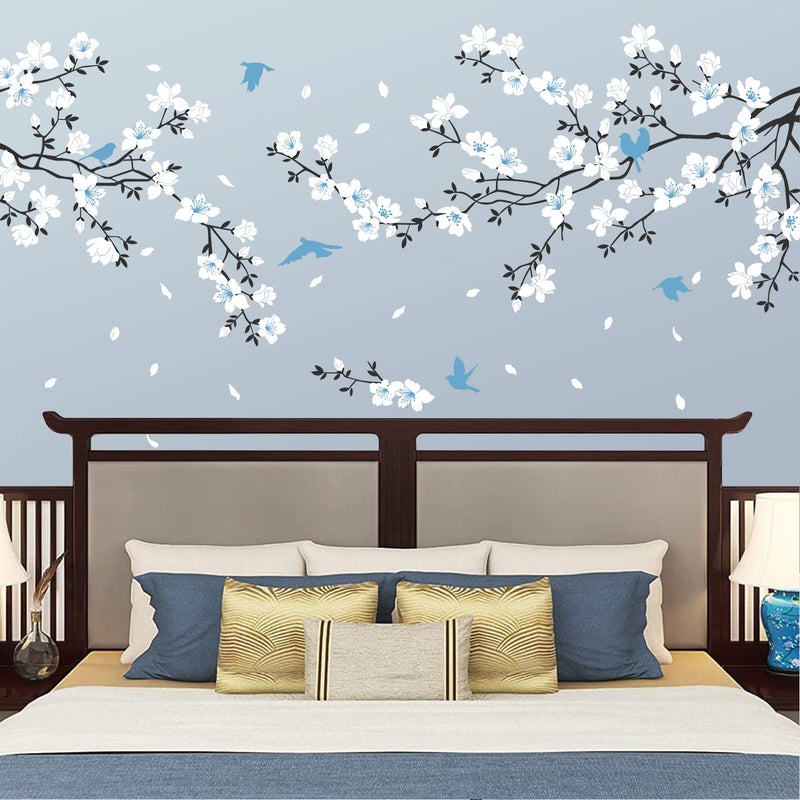 Supzone Blue White Flower Wall Stickers - Cherry Blossom Wall Decal Birds on Tree Branch Art Sticker for Bedroom, Living Room, Office, Study Room, TV, Sofa Wall Decor Home Decoration - Image 4