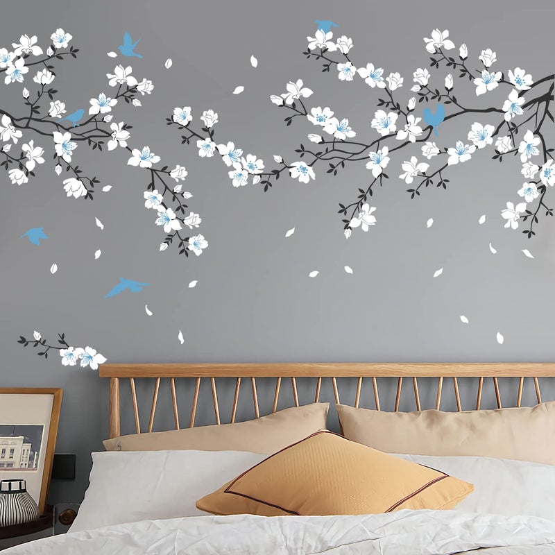 Supzone Blue White Flower Wall Stickers - Cherry Blossom Wall Decal Birds on Tree Branch Art Sticker for Bedroom, Living Room, Office, Study Room, TV, Sofa Wall Decor Home Decoration - Image 1