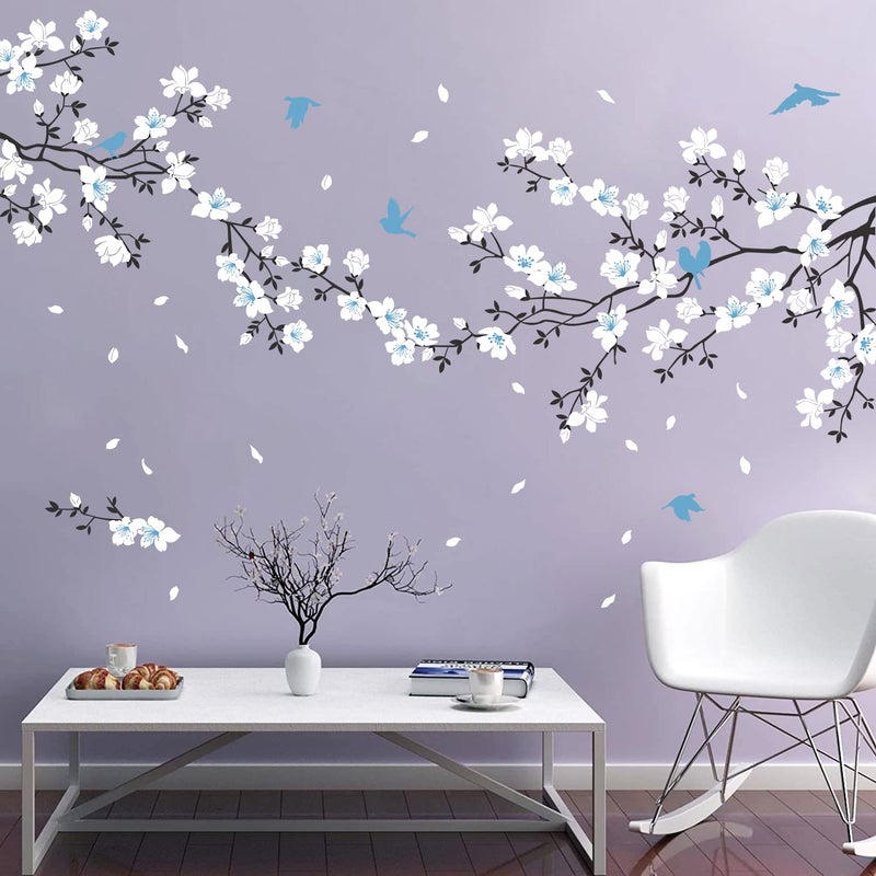 Supzone Blue White Flower Wall Stickers - Cherry Blossom Wall Decal Birds on Tree Branch Art Sticker for Bedroom, Living Room, Office, Study Room, TV, Sofa Wall Decor Home Decoration - Image 3