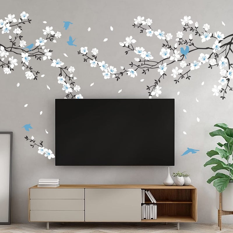 Supzone Blue White Flower Wall Stickers - Cherry Blossom Wall Decal Birds on Tree Branch Art Sticker for Bedroom, Living Room, Office, Study Room, TV, Sofa Wall Decor Home Decoration - Image 2