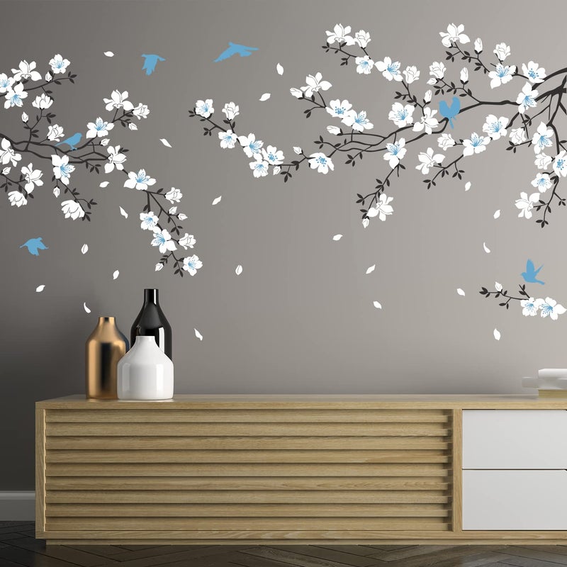 Supzone Blue White Flower Wall Stickers - Cherry Blossom Wall Decal Birds on Tree Branch Art Sticker for Bedroom, Living Room, Office, Study Room, TV, Sofa Wall Decor Home Decoration - Image 5