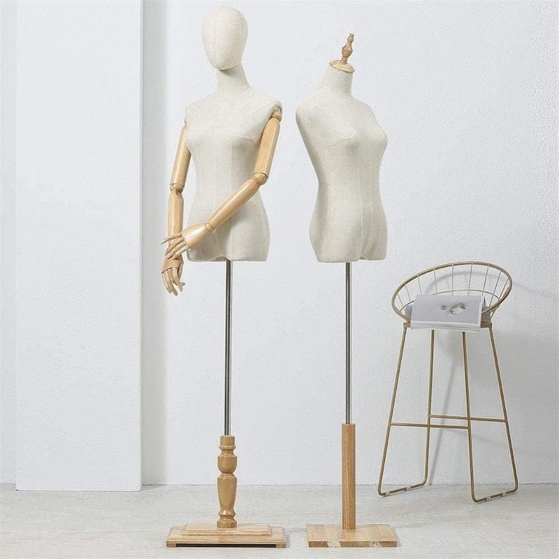 Dressmakers Fashion Students Mannequin Adjustable Height Display Standw/Wooden Base Half-Length Manikins, Wood Color-#3 M - Image 3