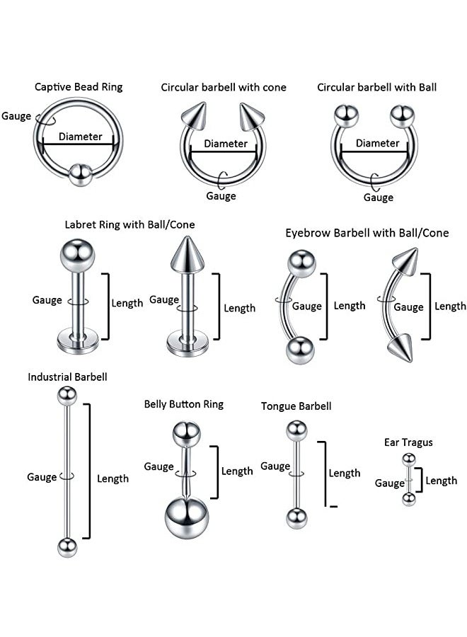 GUSGU 64PCS ثقب مجموعة الفولاذ المقاوم للصدأ 14G 16G غضروف الأذن Tragus الأنف Septum شفة اللسان دايث الحاجب خاتم زر البطن ثقب المجوهرات - Image 2