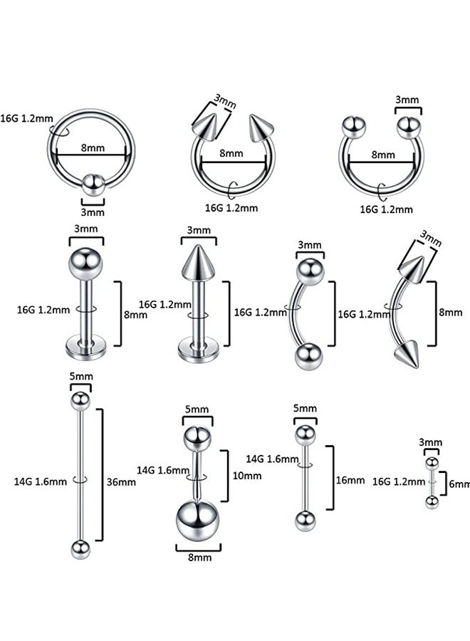 GUSGU 64PCS ثقب مجموعة الفولاذ المقاوم للصدأ 14G 16G غضروف الأذن Tragus الأنف Septum شفة اللسان دايث الحاجب خاتم زر البطن ثقب المجوهرات - Image 4
