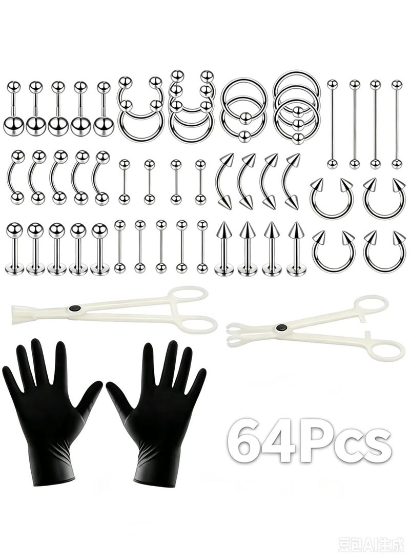 GUSGU 64PCS ثقب مجموعة الفولاذ المقاوم للصدأ 14G 16G غضروف الأذن Tragus الأنف Septum شفة اللسان دايث الحاجب خاتم زر البطن ثقب المجوهرات - Image 1
