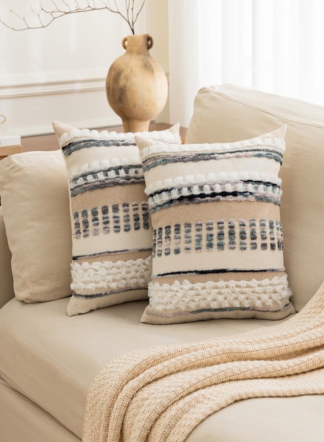 Anna's Whimsy 18x18 Inch Set of 2 Bohemian Pillow Covers Spring Blue Grey Boho Throw Pillow Covers,Soft Linen Striped Farmhouse Decorative Square Pillowcases for Couch Bed Sofa Room Decor - Image 1