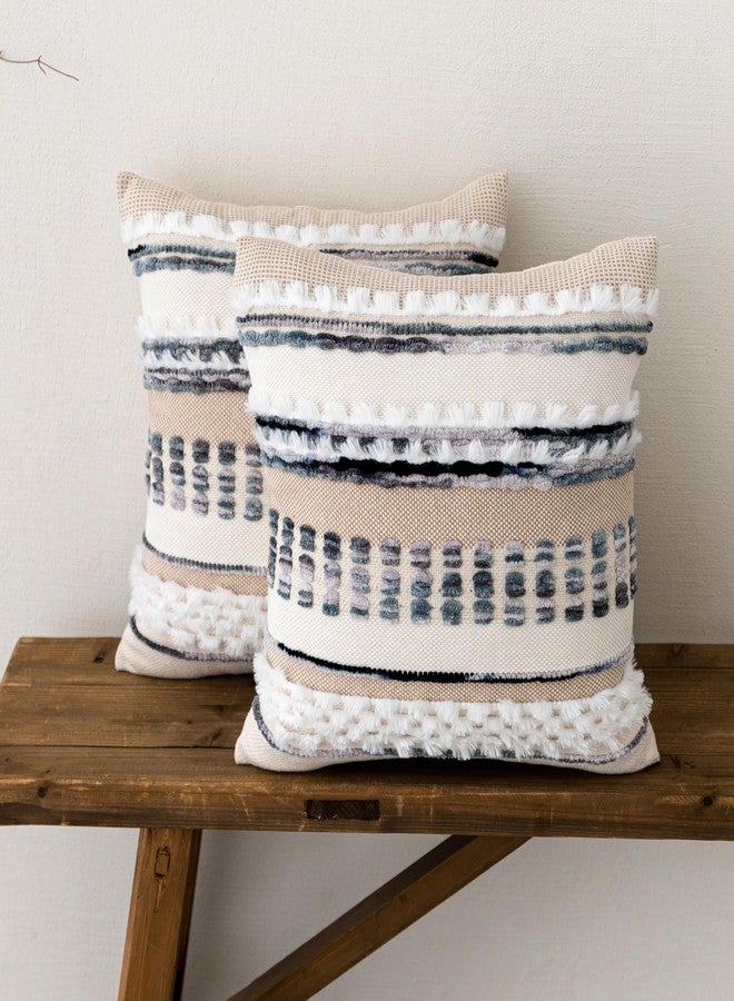 Anna's Whimsy 18x18 Inch Set of 2 Bohemian Pillow Covers Spring Blue Grey Boho Throw Pillow Covers,Soft Linen Striped Farmhouse Decorative Square Pillowcases for Couch Bed Sofa Room Decor - Image 4