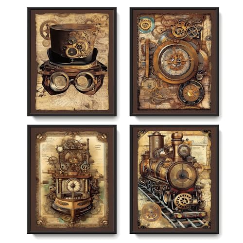 LARTSFRO Vintage Steampunk Wall Art Decor Posters Prints, Punk Room Bedroom Bathroom Dorm Wall Art Decor, Vintage Industrial Train Clock Hat Ship Posters Wall Decor for Home Office Man Cave Decor, 10x8 Inch Set of 4 Pcs Pictures (UNFRAMED) - Image 1