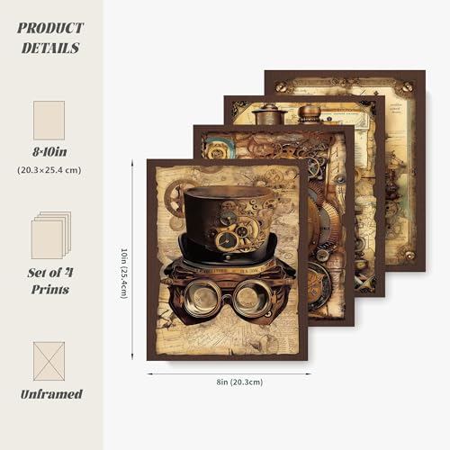 LARTSFRO Vintage Steampunk Wall Art Decor Posters Prints, Punk Room Bedroom Bathroom Dorm Wall Art Decor, Vintage Industrial Train Clock Hat Ship Posters Wall Decor for Home Office Man Cave Decor, 10x8 Inch Set of 4 Pcs Pictures (UNFRAMED) - Image 3