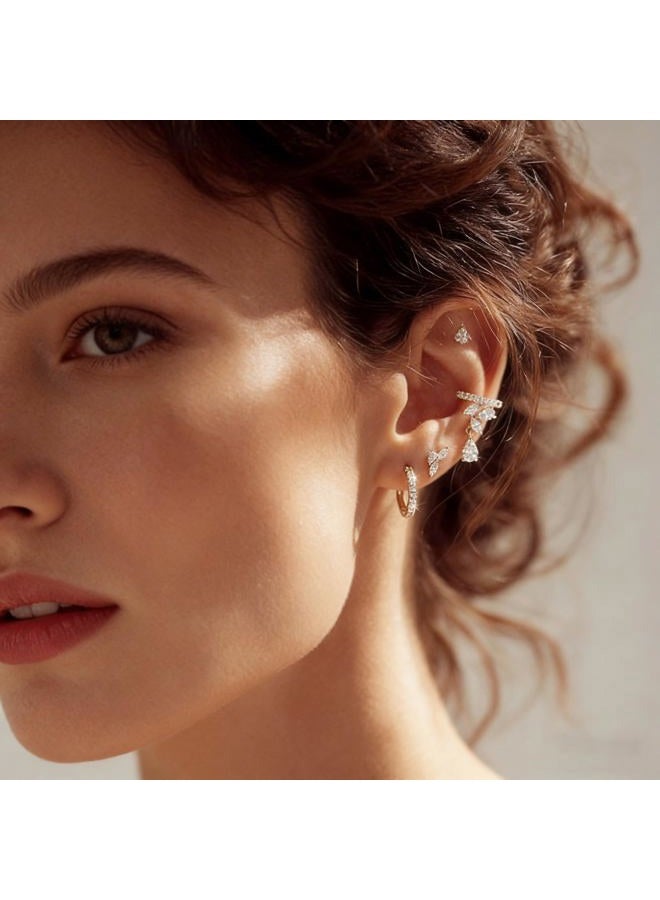 Bemoly Dainty Hoop Ear Cuff 14K Gold Plated Cross Stripe Open Wrap Hoop Cubic Zirconia Huggie Clip-on Cartilage Earrings Stud for Women, Metal, Cubic Zirconia - Image 3