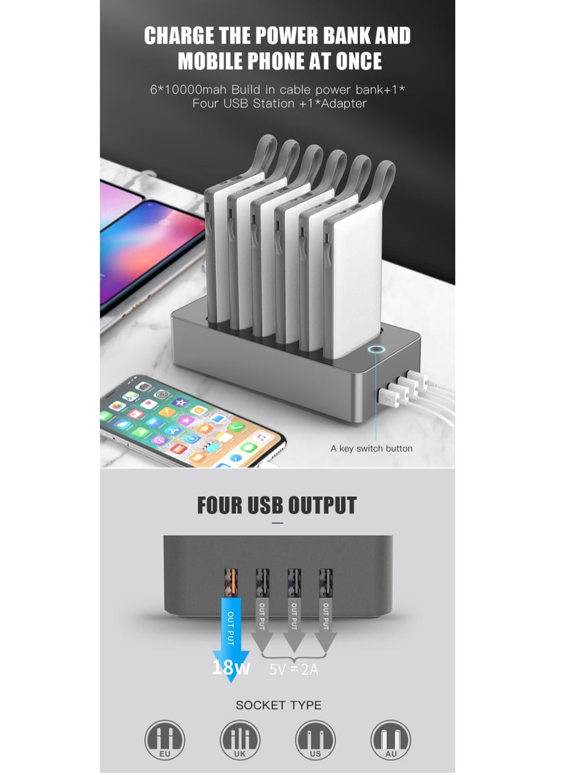 WST Powerbanks Charger Station 6in1 Portable Battery Pack Built In Cable Compatible with Lightning USB-C Micro USB Fast Charging Compact Slim 10000mah Compatible with iPhone Samsung iPad (White) - Image 5