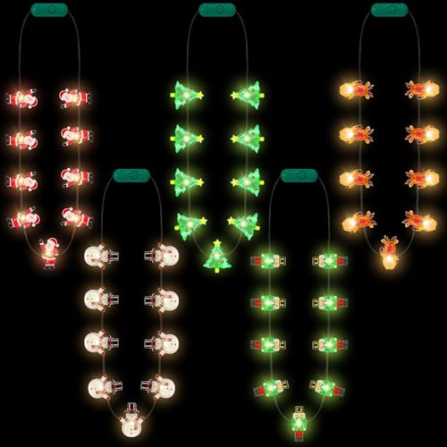 Traplace 5 PCS LED Christmas Light Up Necklaces 3 Modes Xmas Necklaces with 9 Bulbs Xmas Necklace Snowman Tree Santa Claus Design Christmas Party Supplies for Ugly Sweater Family Party - Image 1