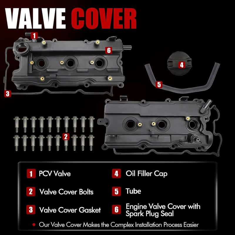 MITZONE Engine Valve Cover Set with Bolts & Oil Cap & Gaskets & Spark Plug Tube Seals & PCV Valve Compatible with 2002-2007 Nissan Altima Maxima Murano Quest Infiniti I35 VQ35DE V6 3.5L Part# 264-984 265-985 - Image 3