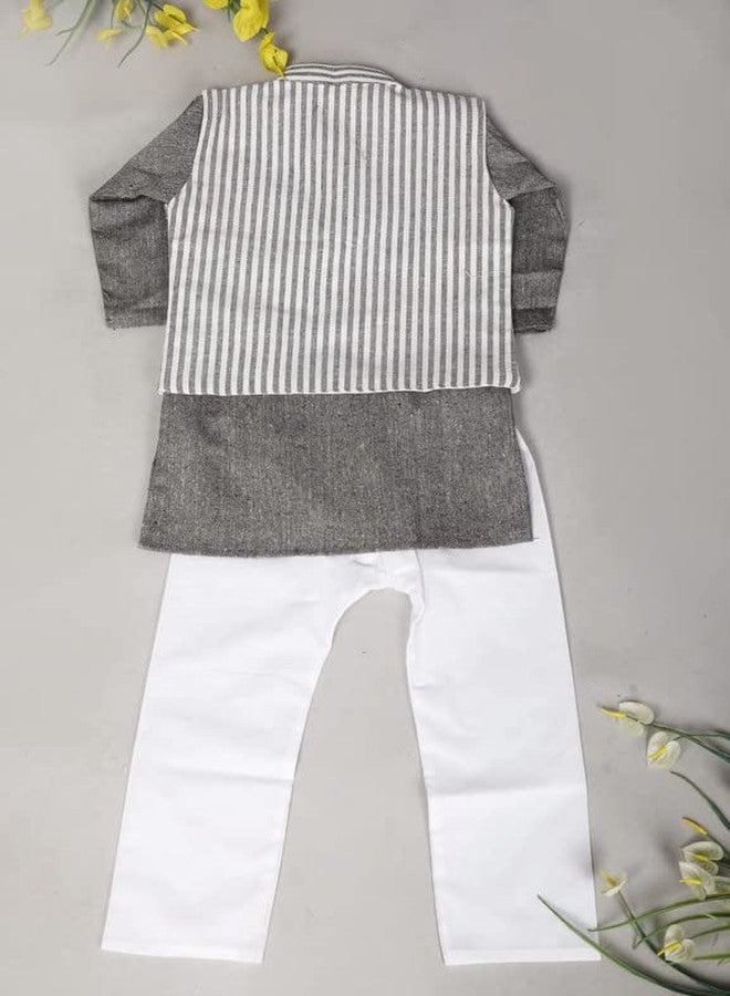 Kids villa Kids Ethnic Cotton Blend Nehru Lining Jacket Kurta & Pyjama Set for Boys|Kurta & Pyjama Set with Lining Jacket For Kids(Grey, 7-8 Year) - Image 4
