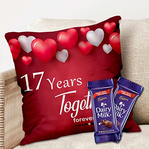 Midiron Chocolate Gift Anniversary Chocolate Gift 17 Year Together Forever Printed Cushion with Dairy Milk Chocolate Gift for Wife Husband Chocolate with Pillow