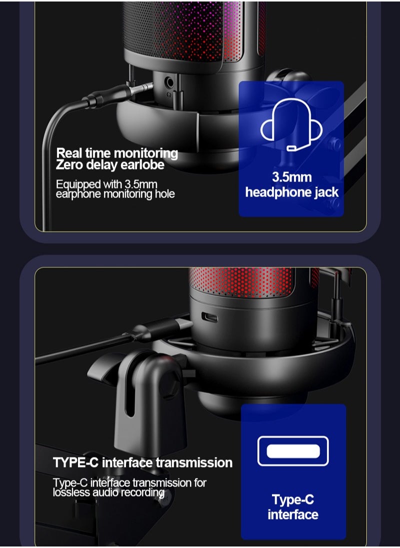 FlashHawk - Gaming PC USB Microphone,Podcast Condenser Mic with Boom Arm,Pop Filter,Mute Button for Streaming,Online Chat, RGB Computer Mic for PS4/5 PC Gamer Youtuber - Image 1
