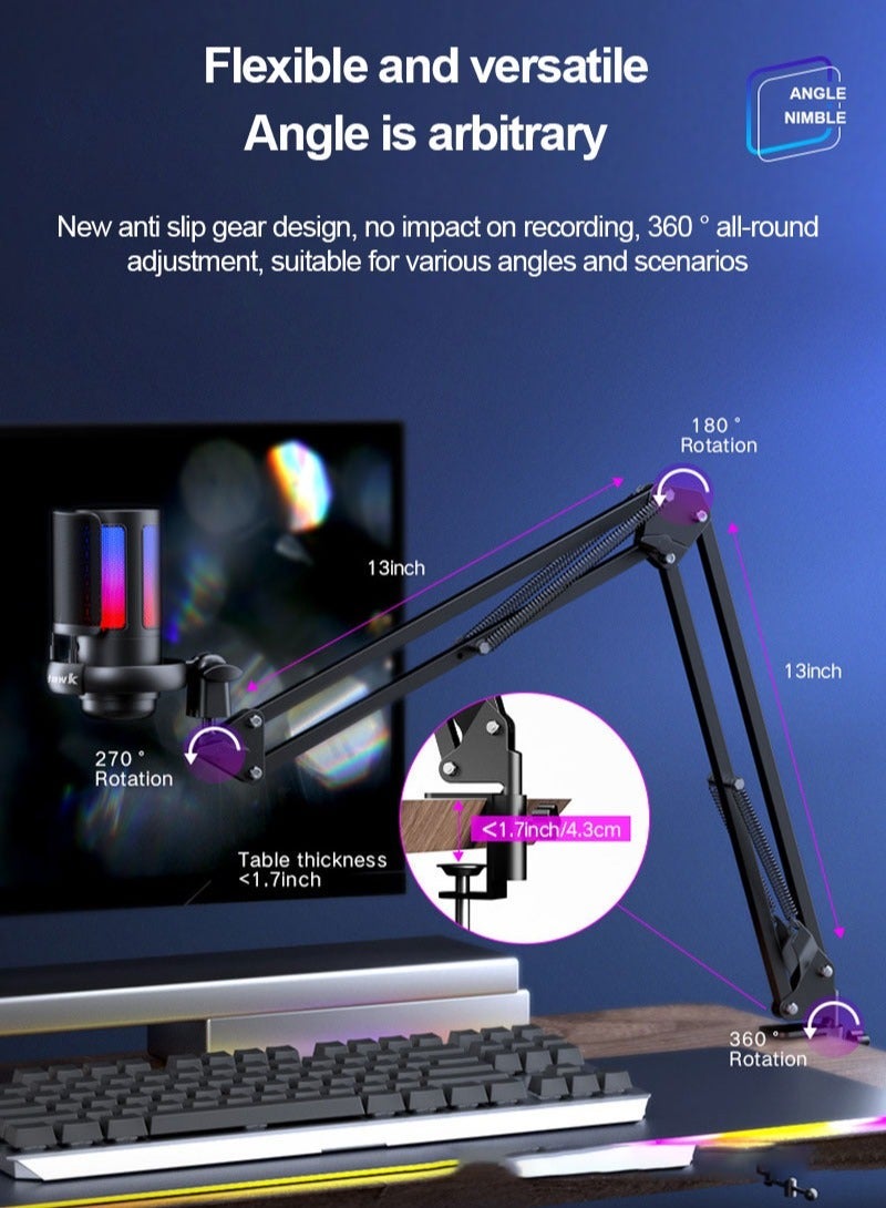 فلاشهوك مايك قيمنق RGB | ذراع قابل للتعديل | ميكروفون مكثف USB/Type-C | فلتر بوب وزر كتم الصوت | PS4/5/PC/Mobile | كابل 2.5 متر وخاصية إلغاء الضوضاء النشطة، أسود - Image 4