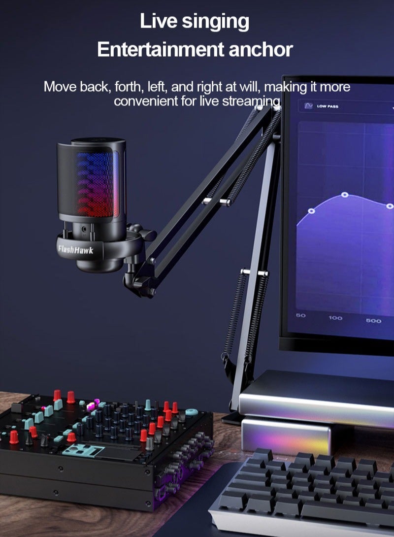 فلاشهوك مايك قيمنق RGB | ذراع قابل للتعديل | ميكروفون مكثف USB/Type-C | فلتر بوب وزر كتم الصوت | PS4/5/PC/Mobile | كابل 2.5 متر وخاصية إلغاء الضوضاء النشطة، أسود - Image 5