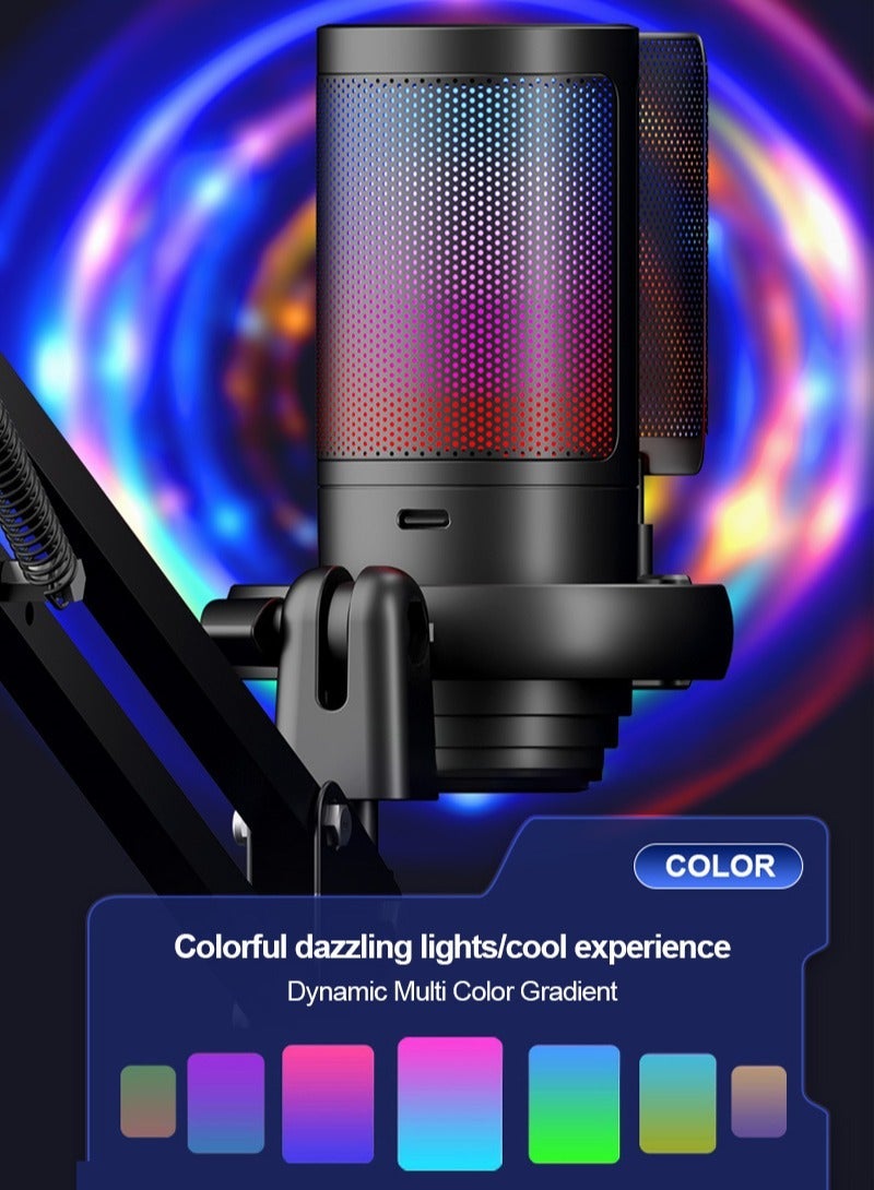 فلاشهوك مايك قيمنق RGB | ذراع قابل للتعديل | ميكروفون مكثف USB/Type-C | فلتر بوب وزر كتم الصوت | PS4/5/PC/Mobile | كابل 2.5 متر وخاصية إلغاء الضوضاء النشطة، أسود - Image 3