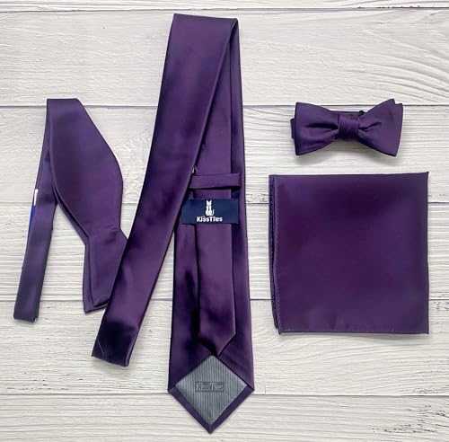 KissTies Mens Satin Necktie Grape Plum Purple Solid Tie + Gift Box - Image 5
