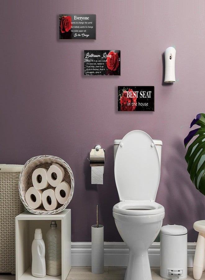 DONFENTHY 3 Pcs Red Bathroom Rules Decor Red Bathroom Decor Rustic Farmhouse Wooden Best Seat in The House Red Rose Hanging Wall Art Red Bathroom Accessories for Bathroom Toilet Decor(Red 10x5) - Image 5