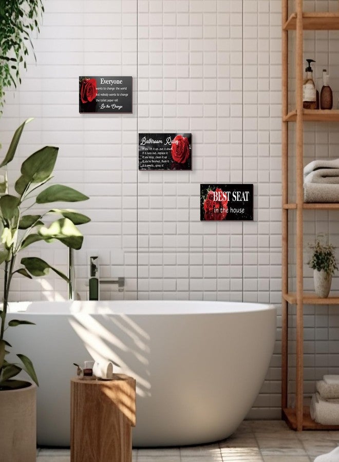 DONFENTHY 3 Pcs Red Bathroom Rules Decor Red Bathroom Decor Rustic Farmhouse Wooden Best Seat in The House Red Rose Hanging Wall Art Red Bathroom Accessories for Bathroom Toilet Decor(Red 10x5) - Image 3