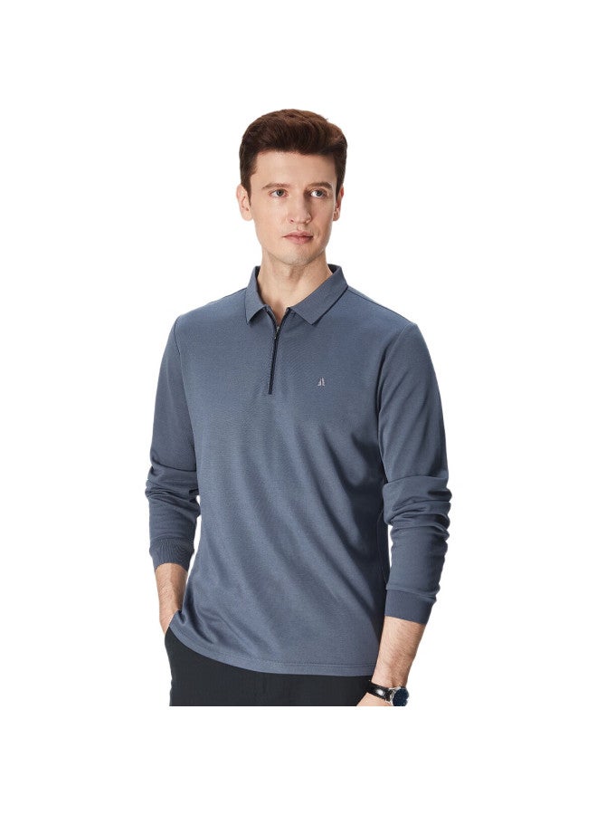 FIRS Zipper Collar T-Shirt For Men, Long Sleeve Spring And Autumn Business Casual Solid Color Cotton Comfortable Top - Image 2