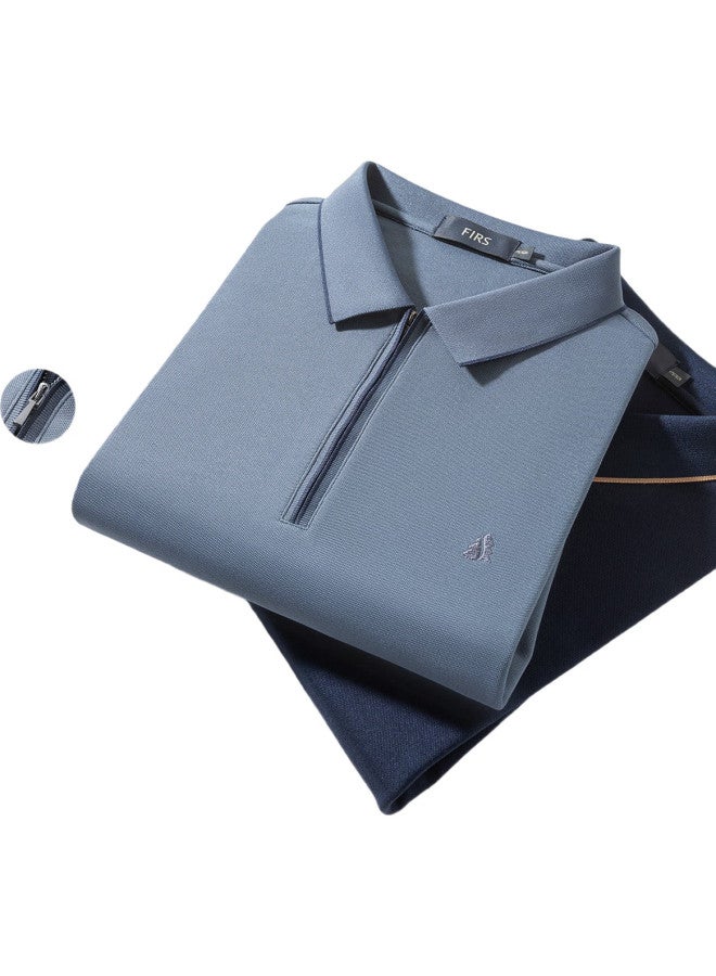 FIRS Zipper Collar T-Shirt For Men, Long Sleeve Spring And Autumn Business Casual Solid Color Cotton Comfortable Top - Image 3
