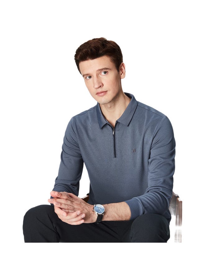 FIRS Zipper Collar T-Shirt For Men, Long Sleeve Spring And Autumn Business Casual Solid Color Cotton Comfortable Top - Image 1