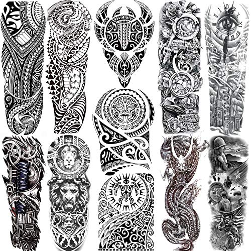 JOEHAPY 11 Sheets NEZAR Maori Temporary Tattoo Sleeve For Men Adults Tiki Turtle Manta Waterproof Fake Tattoo Sleeves For Women Black Dragon Totem Tribal Military Long Full Sleeve Tattoos Temporary Stickers - Image 1