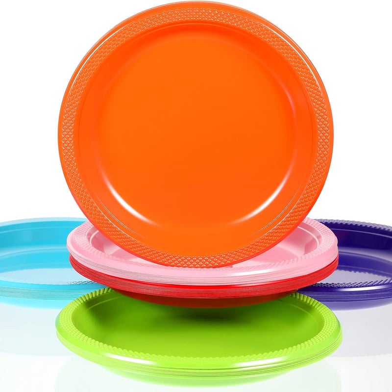 Geiserailie Geiserailie 120 Pcs Plastic Plates Colorful Neon Disposable Fiesta Dinner Rainbow Plates Party Round Dessert Trays for Kitchen Special Event Weddings Birthdays SuppliesMulti Colors - Image 1