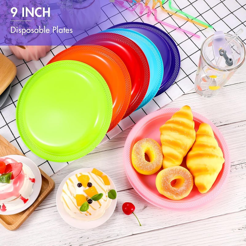Geiserailie Geiserailie 120 Pcs Plastic Plates Colorful Neon Disposable Fiesta Dinner Rainbow Plates Party Round Dessert Trays for Kitchen Special Event Weddings Birthdays SuppliesMulti Colors - Image 5
