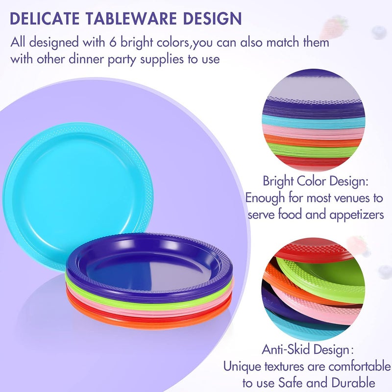 Geiserailie Geiserailie 120 Pcs Plastic Plates Colorful Neon Disposable Fiesta Dinner Rainbow Plates Party Round Dessert Trays for Kitchen Special Event Weddings Birthdays SuppliesMulti Colors - Image 4