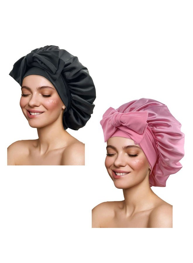Gili Satin Bonnet Silk Bonnet Hair Bonnet for Sleeping Large Bonnets with Tie Band Hair Wrap with Adjustable Straps Hair Cap Night Sleep Caps for Women Curly Braid Hair(Black,Dark Pink) - Image 1